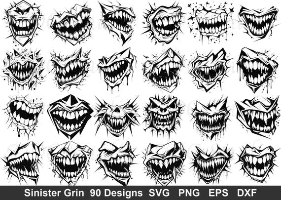 Sinister Grin SVG Bundle (90 Designs) - Monster Mouth PNG, Evil