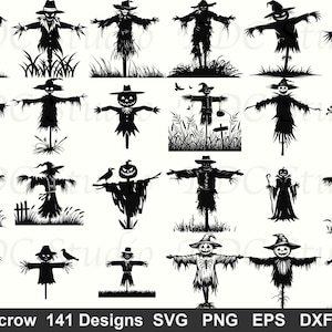 Könnte beinhalten: Eine Sammlung von schwarz-weißen Vogelscheuchen-Designs in verschiedenen Posen. Einige Vogelscheuchen haben Kürbisköpfe, Hüte und stehen auf Feldern. Das Bild enthält den Text "Scarecrow 141 Designs SVG PNG EPS DXF PDF".