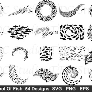 May include: A collection of twenty black silhouette graphic designs featuring schools of fish arranged in various circular, wave, and linear patterns. The text at the bottom reads School Of Fish 54 Designs SVG PNG EPS DXF.