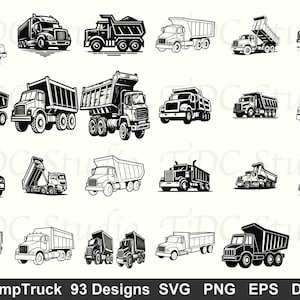 May include: A collection of black and white dump truck designs in various styles. The image includes multiple illustrations of dump trucks, some with their beds raised, and others with their beds down. The text "DumpTruck 93 Designs SVG PNG EPS DXF" is at the bottom.