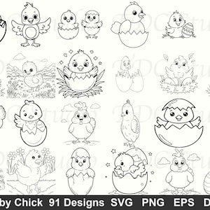 Puede incluir: Una colección de 91 diseños de pollitos en blanco y negro. Las ilustraciones representan pollitos en varias poses, incluyendo eclosionando de huevos, de pie e interactuando con huevos de Pascua. Los diseños son adecuados para formatos SVG, PNG, EPS y DXF.