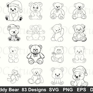 Nallebjörn SVG-konturpaket (83 designer) - Söt björn Clipart PNG, Barnkammardekor Klippfil, Baby Shower-konst Barnmålarsida