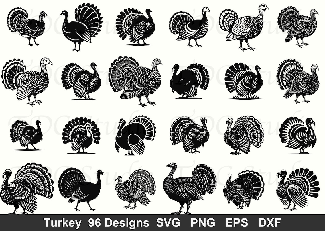 Turkey SVG Bundle (96 Designs) Thanksgiving Turkey Silhouette Hunting ...