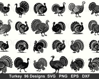 May include: A collection of 20 black and white turkey illustrations in various poses. Some turkeys are standing, others are displaying their tail feathers. The text "Turkey 96 Designs" is at the bottom, along with file type abbreviations.