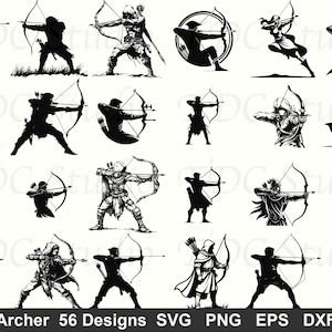 Könnte beinhalten: Eine Sammlung von 24 Schwarz-Weiß-Bogenschützen-Designs in verschiedenen Posen, die Bögen und Pfeile halten. Die Designs umfassen Bogenschützen in Aktion, stehend und kniend. Der Text unten lautet "Archer 56 Designs SVG PNG EPS DXF."