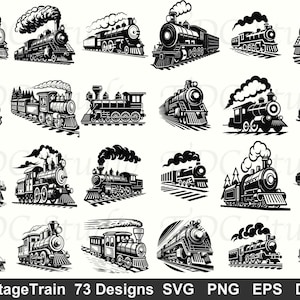 以下が含まれることがあります： 白黒のヴィンテージトレインイラストのコレクション。さまざまな蒸気機関車が、詳細な要素、煙の柱、線路とともに描かれています。下部のテキストは「VintageTrain 73 Designs SVG PNG EPS DXF」と表示されています。