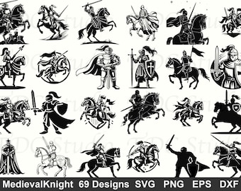 May include: A collection of 69 medieval knight designs in SVG, PNG, EPS, and DXF formats. The black and white illustrations depict knights on horseback, holding swords and shields, and standing with capes.