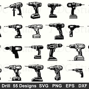Op de afbeelding: Een verzameling van 20 zwart-wit boorontwerpen. De boren variëren in stijl, inclusief draadloze en bedrade modellen, met en zonder boren. De afbeelding bevat de tekst "Drill 55 Designs SVG PNG EPS DXF".