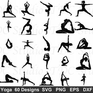 May include: Black silhouette designs of yoga poses. The image features various yoga positions, including standing poses, seated poses, and inversions. The text at the bottom reads "Yoga 60 Designs SVG PNG EPS DXF".