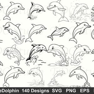 Op de afbeelding: Collectie van 140 dolfijnontwerpen in zwart en wit. De dolfijnen worden afgebeeld in verschillende poses, waaronder springen, zwemmen en interactie. De afbeelding bevat de tekst "CuteDolphin 140 Designs SVG PNG EPS DXF".