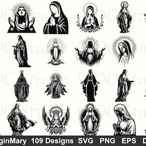 May include: A collection of black and white Virgin Mary designs in various poses, including praying, with outstretched arms, and surrounded by halos. The image includes the text "VirginMary 109 Designs SVG PNG EPS DXF".