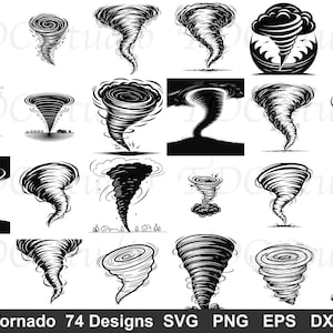 May include: A collection of 20 black and white tornado illustrations in various styles. The designs include detailed line drawings of swirling vortexes, some with clouds and landscapes. The text "Tornado 74 Designs SVG PNG EPS DXF" is at the bottom.