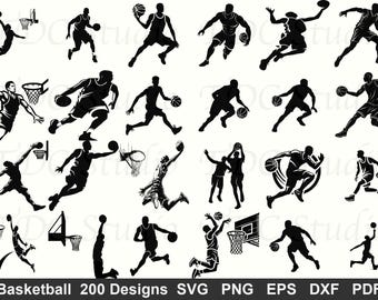 May include: A collection of black and white basketball-themed vector designs. The image features various silhouettes of basketball players in action, including dribbling, shooting, and dunking. Text at the bottom reads "Basketball 200 Designs SVG PNG EPS DXF PDF".