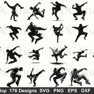 Op de afbeelding: Een verzameling zwart-witte hiphop dansposes in verschillende dynamische posities. De afbeelding toont silhouetten van dansers in beweging, met de tekst "HipHop 178 Designs" en bestandstype-opties.