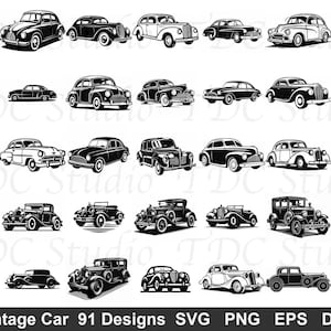 May include: A collection of black and white vintage car designs. The image showcases various classic car models, including sedans, coupes, and convertibles, in a vector style. The text at the bottom reads "Vintage Car 91 Designs SVG PNG EPS DXF."