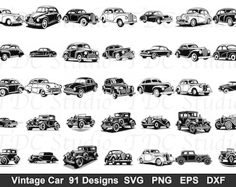 91 Vintage Car SVG Bundle Classic Car Silhouette, Hot Rod Cut File, Retro Auto Clipart, Antique Car Decal Cricut Commercial Use