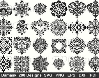 May include: A collection of 200 black damask designs in various shapes, including floral and geometric patterns. The designs are displayed on a white background, with the text "Damask 200 Designs SVG PNG EPS DXF PDF" at the bottom.
