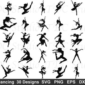 Op de afbeelding: Een verzameling van 30 zwarte silhouetillustraties met verschillende danshoudingen en figuren. De ontwerpen tonen personen in beweging, waaronder ballet- en hedendaagse danspassen, gerangschikt in een raster op een witte achtergrond.