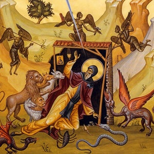 Saint Anthony and the Demons icon, Saint Anthony of Egypt the Father of all Monks, Anthony the Abbot, Anthony the Anchorite Prayer Icon