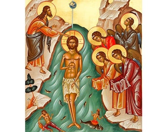 May include: A religious icon depicting the baptism of Jesus Christ. The icon features a central figure of Jesus standing in a river, with John the Baptist standing on a rock to the left. Three angels are depicted on the right, with one holding a bowl. The icon is painted in a traditional Byzantine style, with vibrant colors and gold accents.
