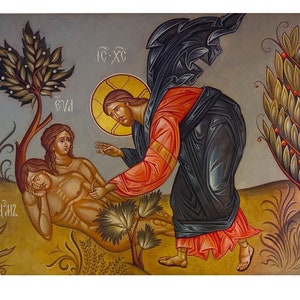 The Creation of Adam and Eve, Biblical story of Adam and Eve Icon, Garden of Eden, Spiritual life, Traditional Prayer icon