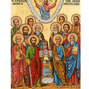 May include: A colorful religious icon depicting a group of 12 men with halos, holding books and a small building. The text at the top reads "H SYNAGOG DIILEKA" and "TUN AGION APOSTOLON".