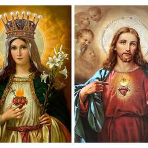 Set Icons Sacred Heart of Jesus and Immaculate Heart of Mary, Jesus Sacred Heart, Virgin Mary Icon, Our Lady of America, Catholic Icon Gift