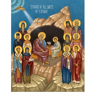 May include: A religious icon print titled Synaxis of All Saints of Patmos, featuring a central figure writing in a cave surrounded by eleven saints with golden halos. The scene includes a blue sky, rocky terrain, and a divine light beam from above.