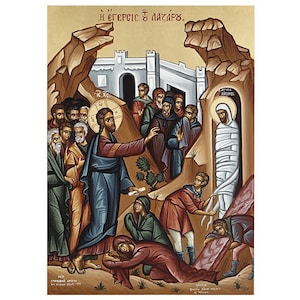 Raising of Lazarus icon, Resurrection of Lazar, Jesus Raising St Lazar from Dead Handmade Greek Orthodox icon, Byzantine art, Old Greek Icon