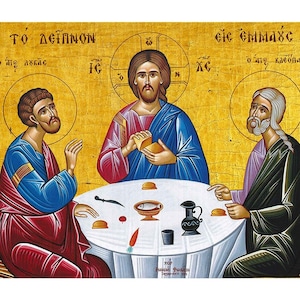 Das Abendmahl in Emmaus-Ikone, Jesus und Anhänger in Emmaus-Orthodoxe Ikone, Heiliger Lukas, Heiliger Kleopas, Jesus in Emmaus-Gebetsikone