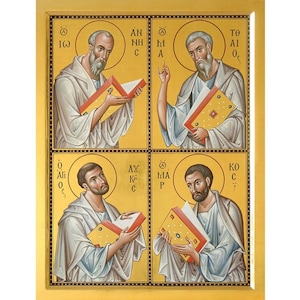 Puede incluir: Un icono religioso con cuatro figuras que sostienen libros. Las figuras están pintadas en un estilo tradicional con fondos dorados y bordes ornamentados. El texto en el icono está en griego.