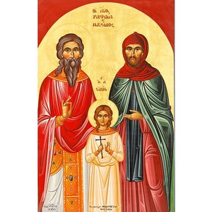 Saint Raphael Saint Nicholas Saint Irene icon Lesvos, Orthodox Icon Greek Saints, Handmade Byzantine Wood Icon