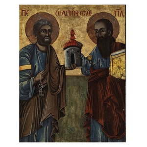 Icono ortodoxo de San Pedro y San Pablo, Solemnidad de San Pedro y San Pablo, Icono de San Pedro, Icono de San Pablo, Icono ortodoxo griego de madera vintage