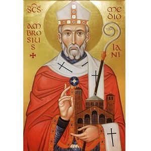 Sant'Ambrogio di Milano, Aurelio Ambrogio, Sant'Ambrogio, Icone Cattoliche, Santo Cattolico, Icona di Preghiera, Icona Tradizionale in Legno