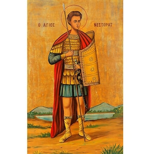 Saint Nestor Orthodox icon, St Nestor The Martyr of Christ, Christian Saint Artwork, Religious Artwork, Traditional Prayer Icon, wood icon