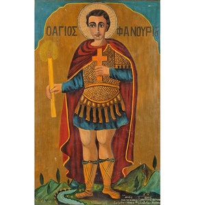 Greek Orthodox wood Icon Saint Phanourios, Vintage style icon St Fanourios, St Fanurius, St Fanourios, St Phanurius, Traditional Prayer Icon