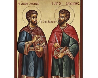 Saints Cosmas and Damian Icon, Orthodox Christian Art Print, Handmade Religious Wall Decor