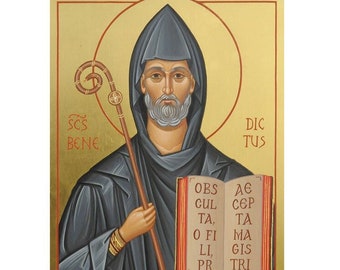 Icono católico de San Benito de Nursia, regalo para padrinos, impresión de iconos católicos en madera.