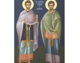 Saint Cosmas and St Damian Icon, Greek Orthodox Church Art, Physician Gift
