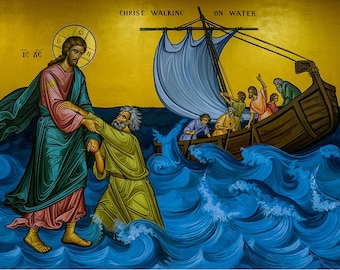 Christ Walking on Water, Jesus Miracles New Testament, Jesus Walks on the Sea, Byzantine Icon, Church Iconography, Orthodox Art