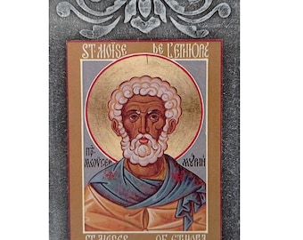 San Moisés el Etíope, San Moisés el Negro, icono ortodoxo, Abba Moisés, arte mural cristiano en madera, santos de Egipto, lámina cristiana