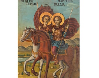 Saint Sergius and Bacchus Greek Orthodox Icon on Wooden Plaque