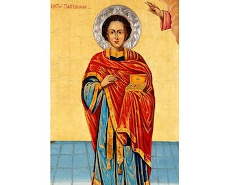 Saint Panteleimon Icon, Vintage Greek Orthodox Religious Wall Art