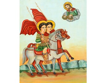 Saint Serge and Saint Vakh Greek Orthodox Wood Icon, Vintage Style