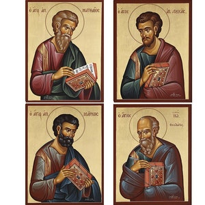 Vier evangelisten set van 4 Grieks-orthodoxe iconen van de apostelen Matteüs, Markus, Lucas en Johannes, gebedspictogrammen voor huisaltaar, iconografie