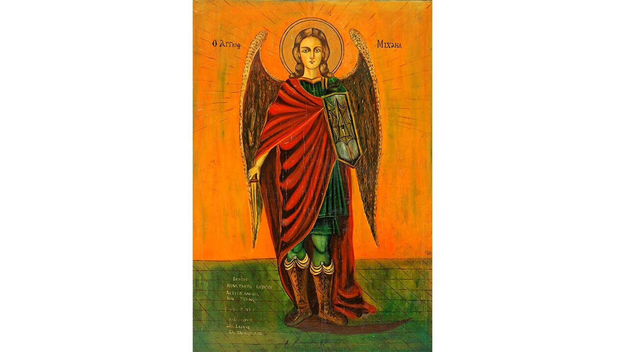 ヴィンテージギリシャ正教会の木製アイコン、大天使ミカエル：正教会の