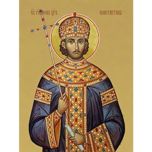 May include: A Byzantine icon depicting a male figure wearing a crown and ornate robes, holding a scepter and a scroll. The icon is painted in a traditional style with gold and blue colors. The text "Св. Рѣвнодатель Цѣрь Константин" is written in Cyrillic script at the top of the icon.
