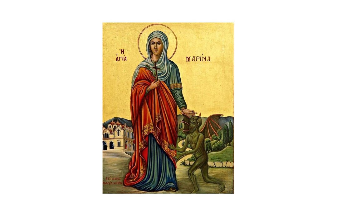 Saint Marina Handmade Greek Orthodox Icon, Prayer Icon of Saint Marina