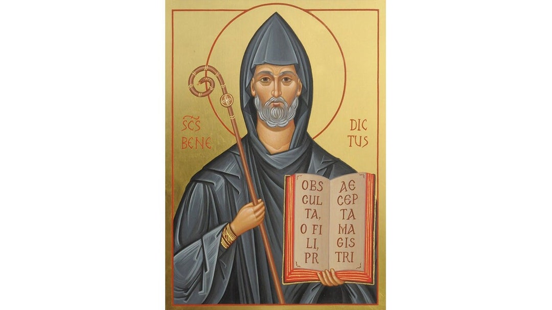 Saint Benedict Icon of Nursia, Handmade Catholic Icon of St Benedict