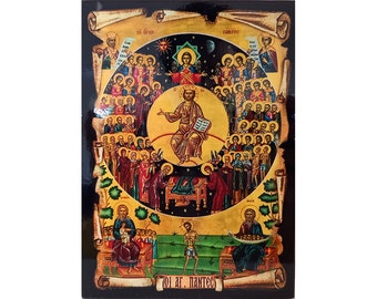 religious decor Synaxis of All Saints icon Handmade Greek Orthodox icon of All Saints Byzantine art wall hanging on wood plaque icon 